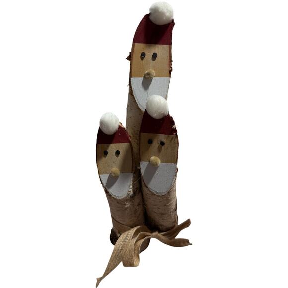 Folk Art 3 Santa Claus Faces Hand Painted On Logs Bow Wrapped 14 in Tall Rustic - Picture 8 of 8